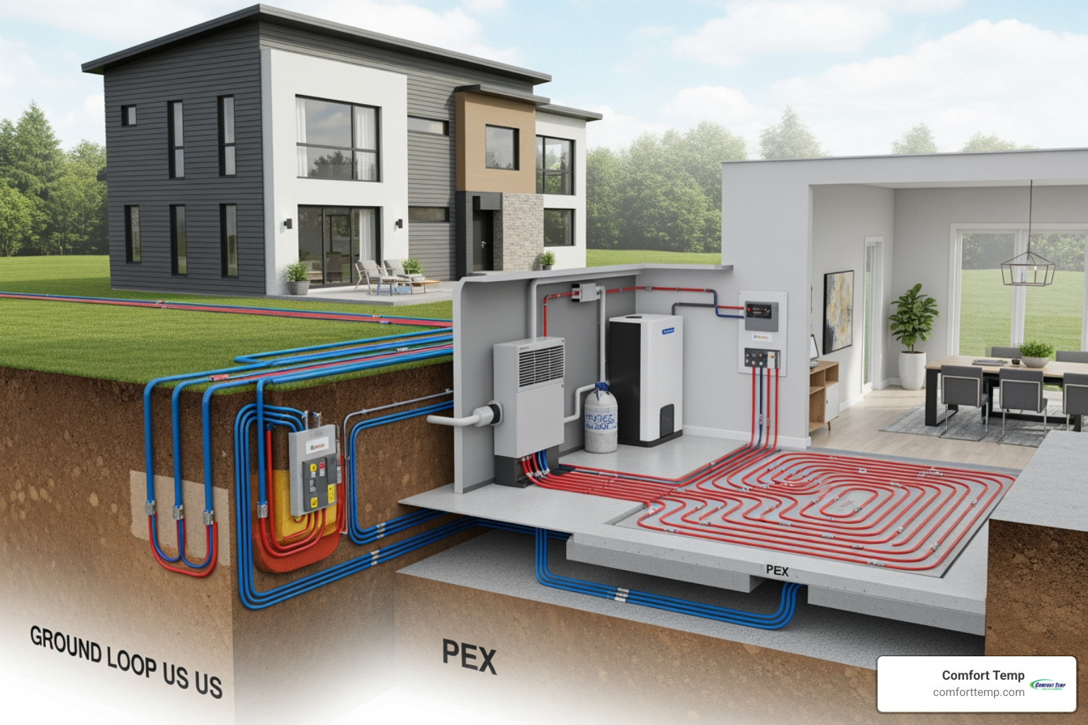 Diagram showing a water-to-water geothermal heat pump connected to a radiant floor cutaway Diagram showing a water-to-water geothermal heat pump connected to a radiant floor cutaway