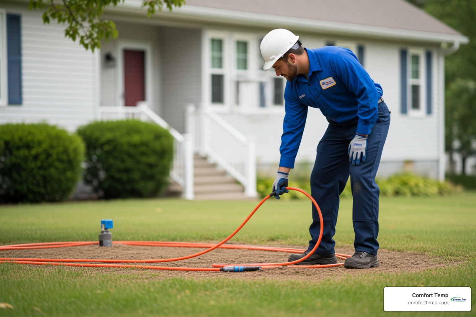 A service technician in a blue uniform inspecting a geothermal loop field installation A service technician in a blue uniform inspecting a geothermal loop field installation