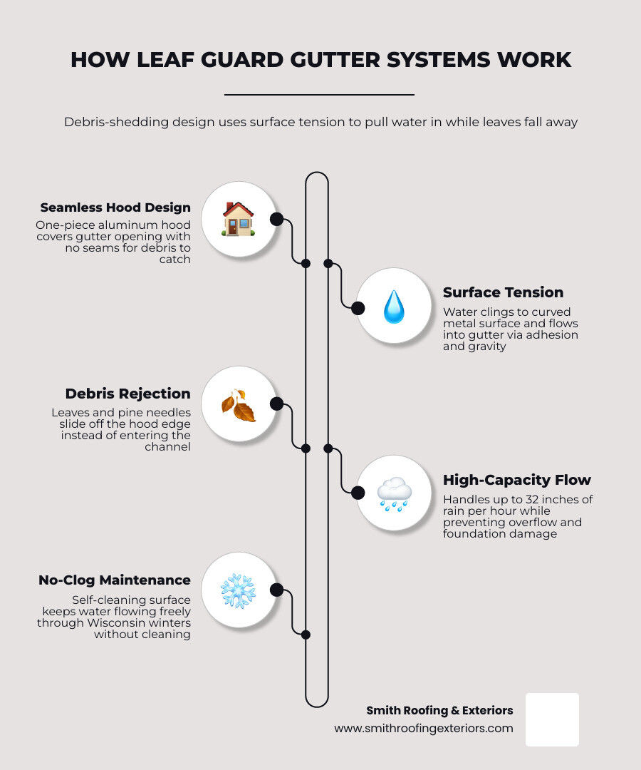 How leaf guard gutter systems work: debris shedding, liquid adhesion, and water flow mechanics infographic How leaf guard gutter systems work: debris shedding, liquid adhesion, and water flow mechanics infographic