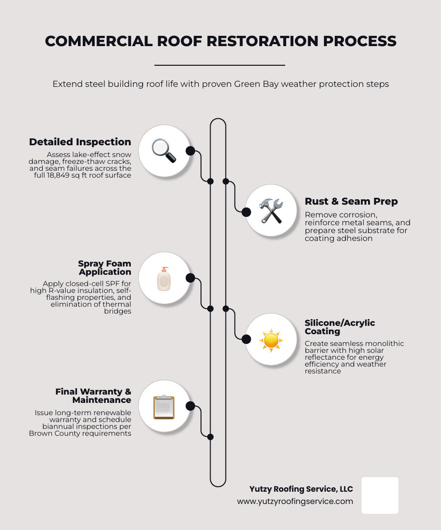 Infographic showing commercial roof restoration process steps from inspection to coating application infographic Infographic showing commercial roof restoration process steps from inspection to coating application infographic