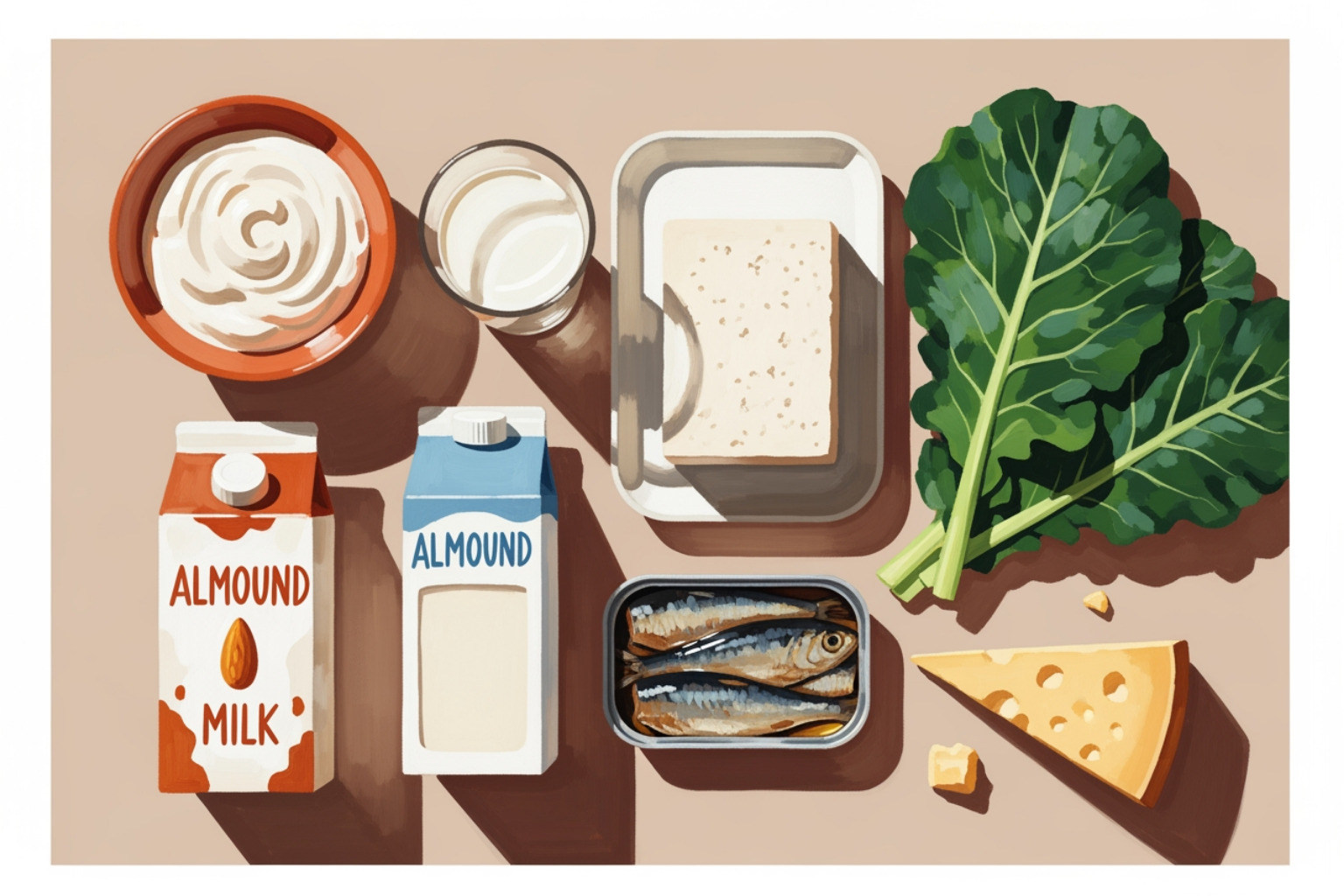 Infographic showing top calcium rich foods by milligrams per serving across dairy plant-based and seafood categories