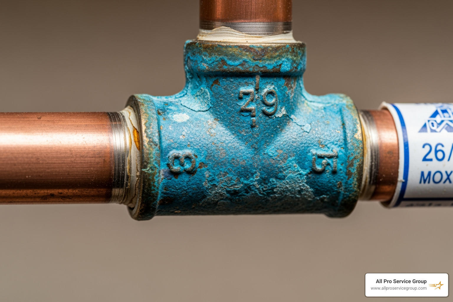 blue-green oxidation stains on a copper pipe joint indicating a slow leak and corrosion blue-green oxidation stains on a copper pipe joint indicating a slow leak and corrosion
