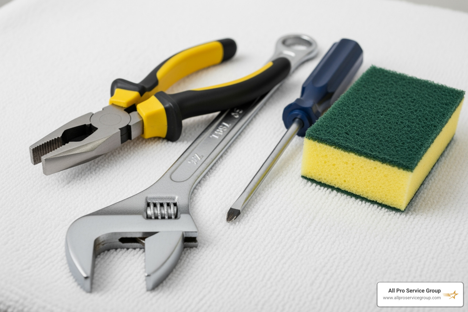Essential tools for toilet repair: wrench, pliers, screwdriver, and sponge on a towel Essential tools for toilet repair: wrench, pliers, screwdriver, and sponge on a towel