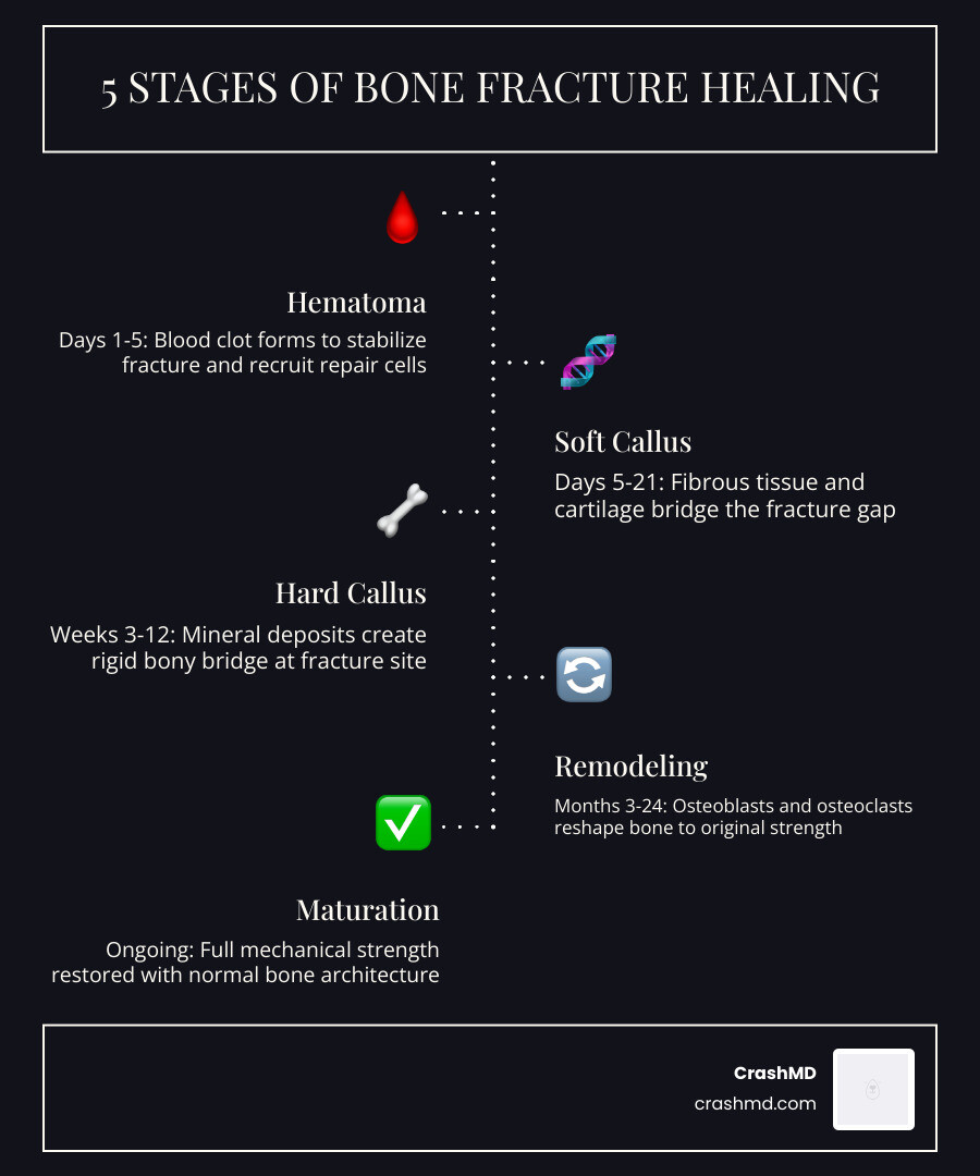 5 stages of bone fracture healing with key nutrients needed at each stage infographic