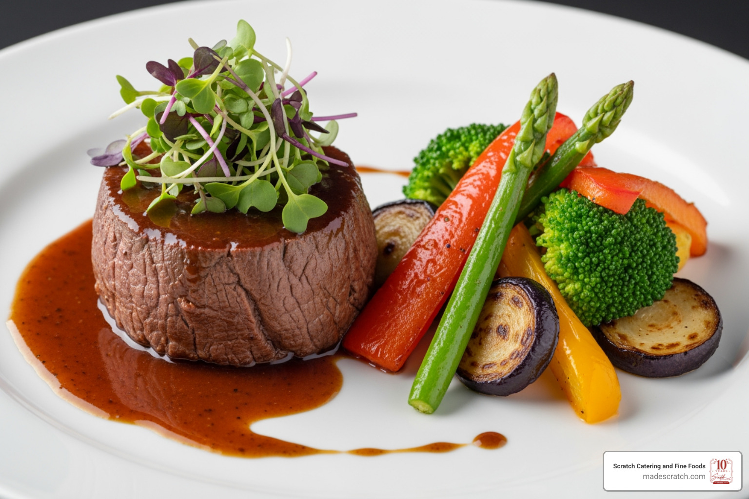 Premium beef tenderloin entree beautifully plated with microgreens and roasted vegetables
