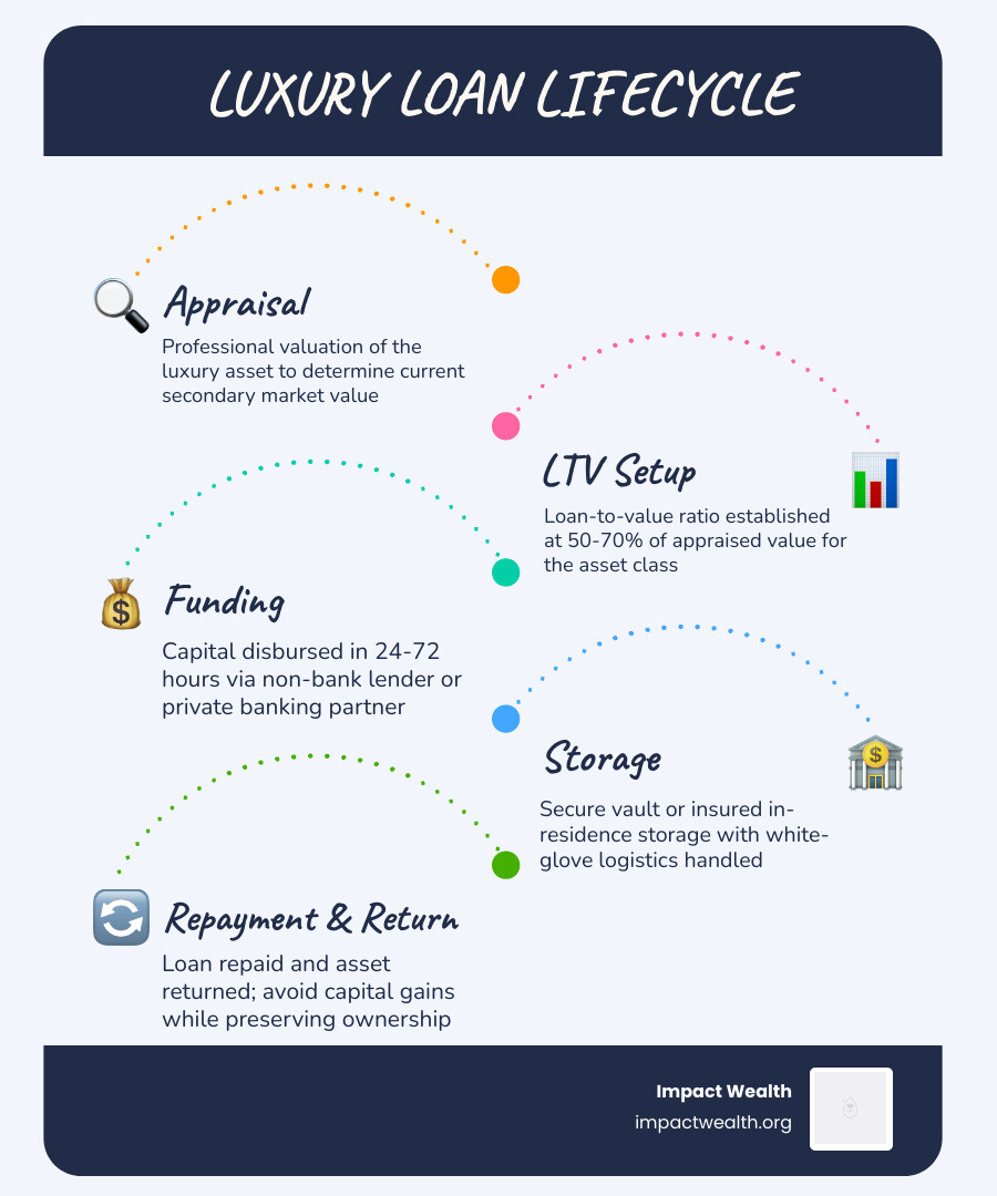 Luxury loan lifecycle infographic: appraisal, LTV determination, funding, storage, repayment, asset return infographic Luxury loan lifecycle infographic: appraisal, LTV determination, funding, storage, repayment, asset return infographic