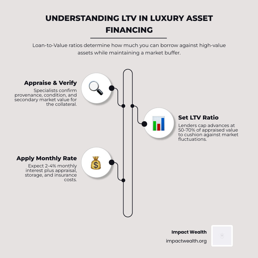 Comparison table of LTV and Interest Rates: Gold 70% LTV, Watches 65% LTV, Fine Art 50% LTV, Classic Cars 50% LTV. Interest Comparison table of LTV and Interest Rates: Gold 70% LTV, Watches 65% LTV, Fine Art 50% LTV, Classic Cars 50% LTV. Interest