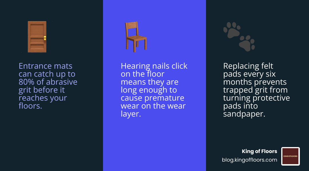 Infographic showing maintenance tips: felt pads, entrance mats, and microfiber mopping infographic