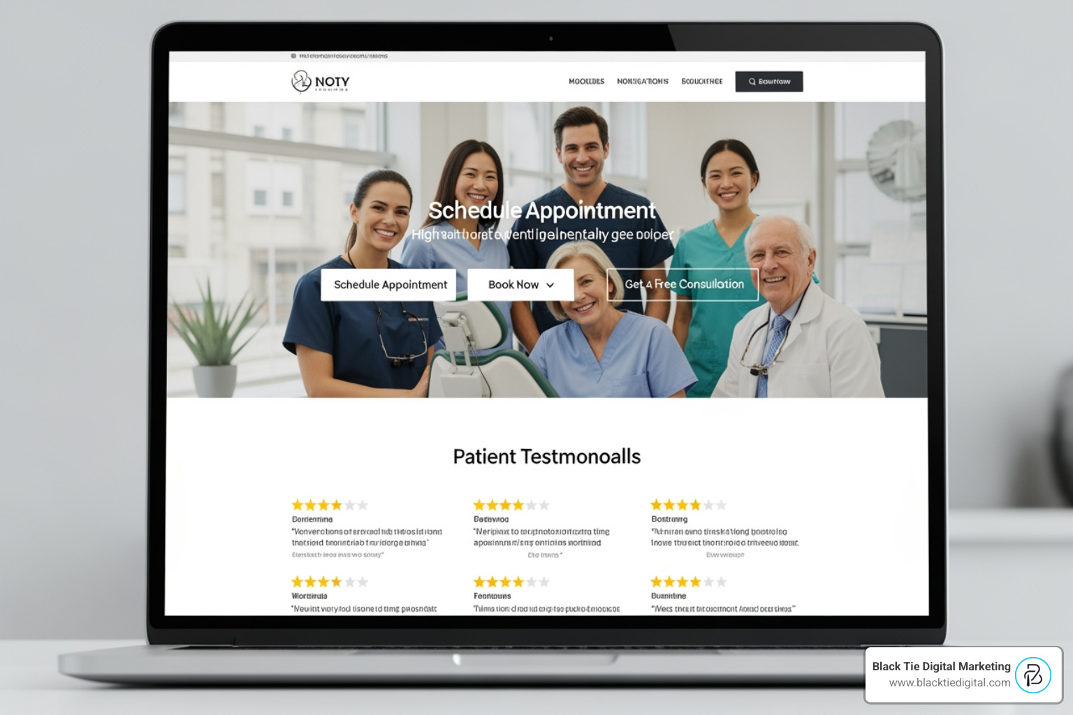 A high converting dental website layout featuring clear booking buttons and patient reviews A high converting dental website layout featuring clear booking buttons and patient reviews