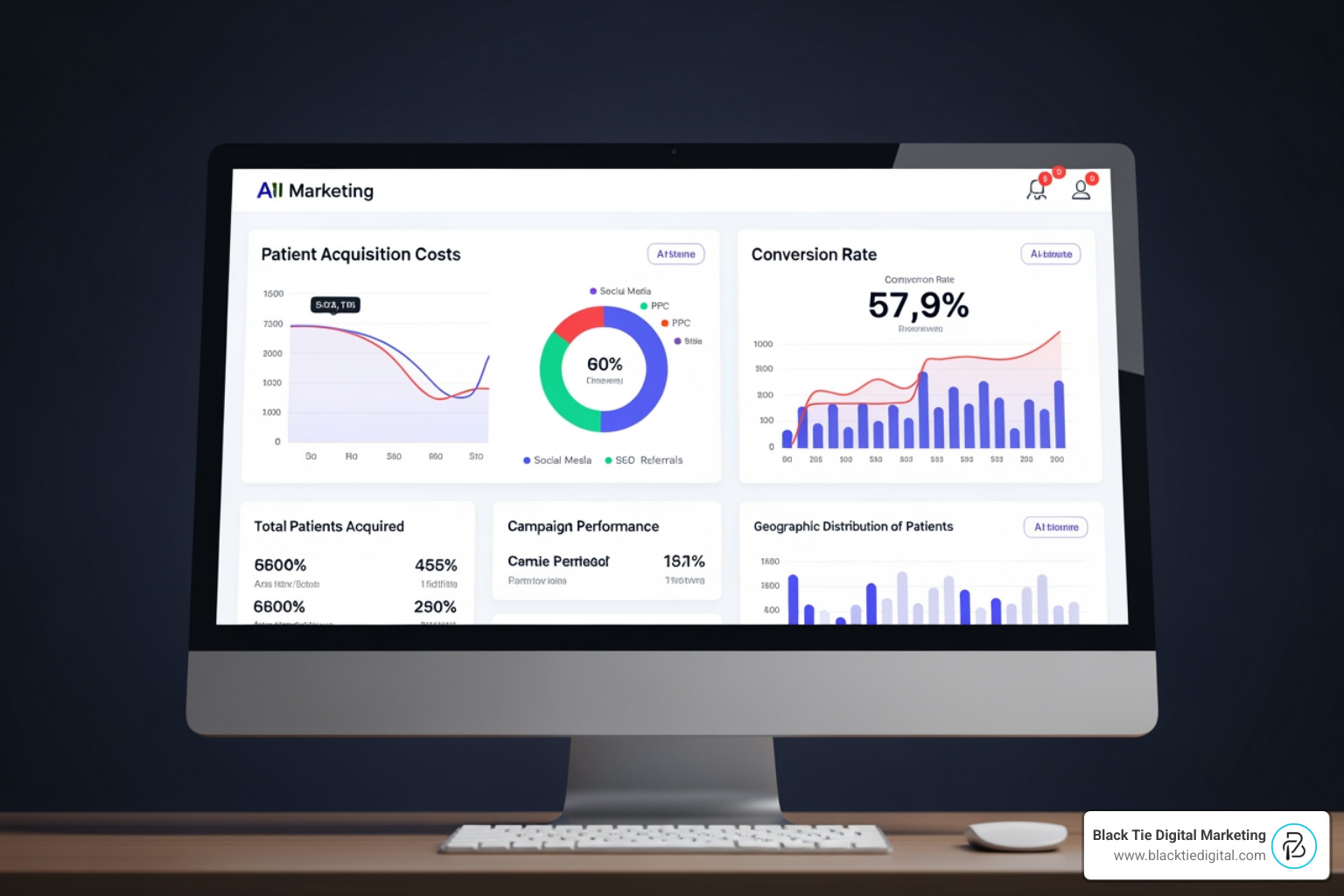 An AI marketing dashboard showing real time patient acquisition costs and conversion rates An AI marketing dashboard showing real time patient acquisition costs and conversion rates