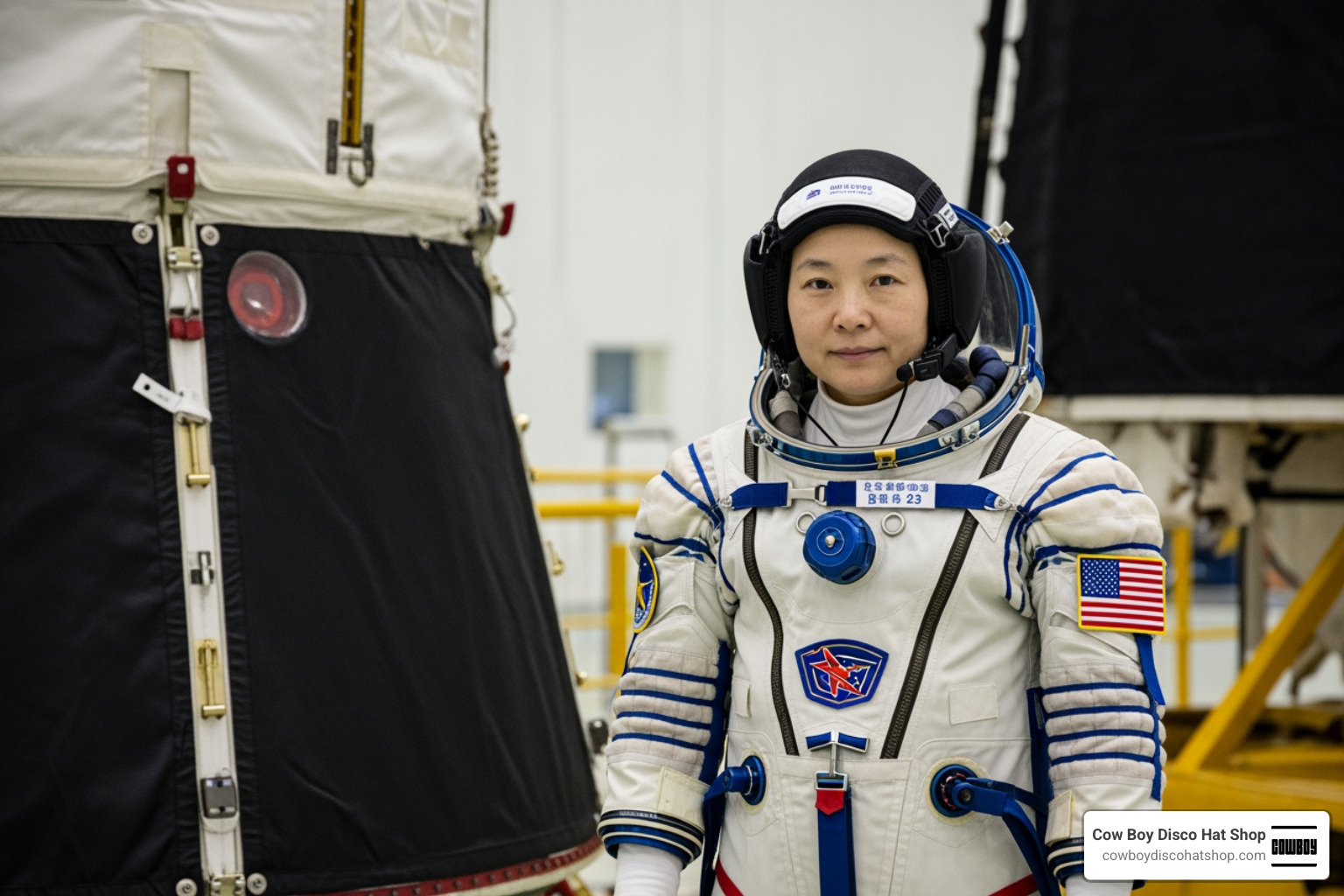 Dr. Lai Ka-ying in her official astronaut suit preparing for Shenzhou-23