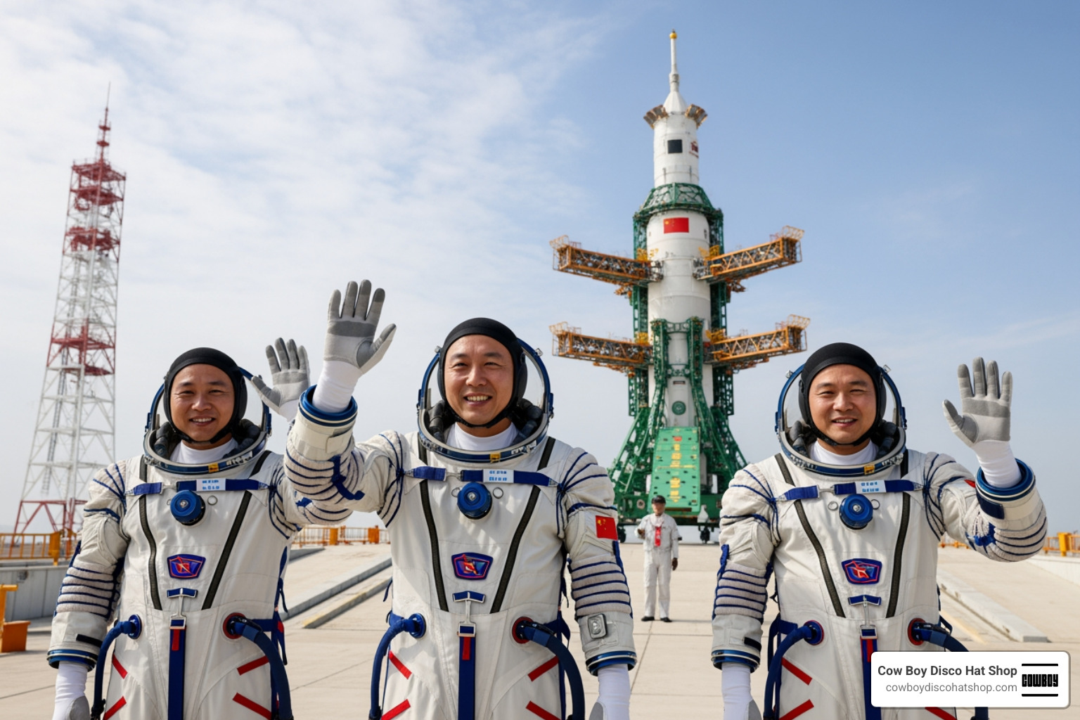 The three-member crew of Shenzhou-23 waving before boarding the spacecraft