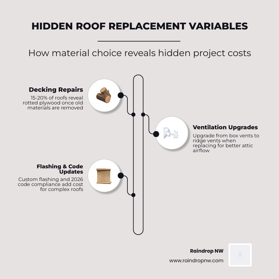 infographic explaining hidden roof replacement variables like decking rot, ventilation needs, and structural reinforcement infographic explaining hidden roof replacement variables like decking rot, ventilation needs, and structural reinforcement