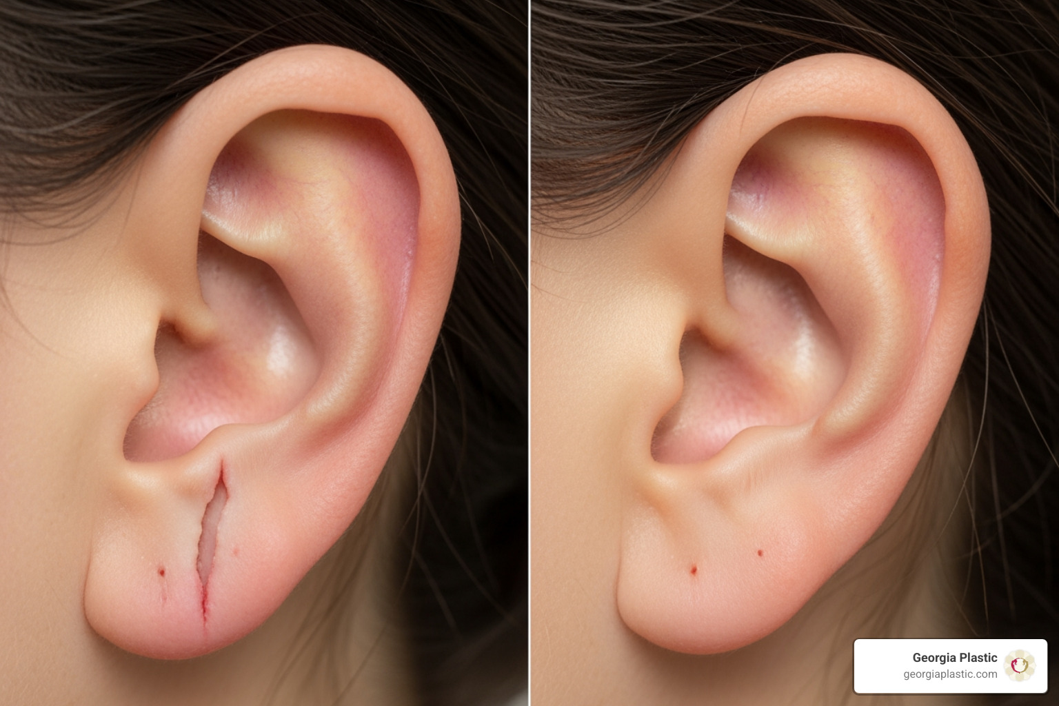 Comparison of a torn earlobe versus a surgically repaired earlobe showing natural contour Comparison of a torn earlobe versus a surgically repaired earlobe showing natural contour