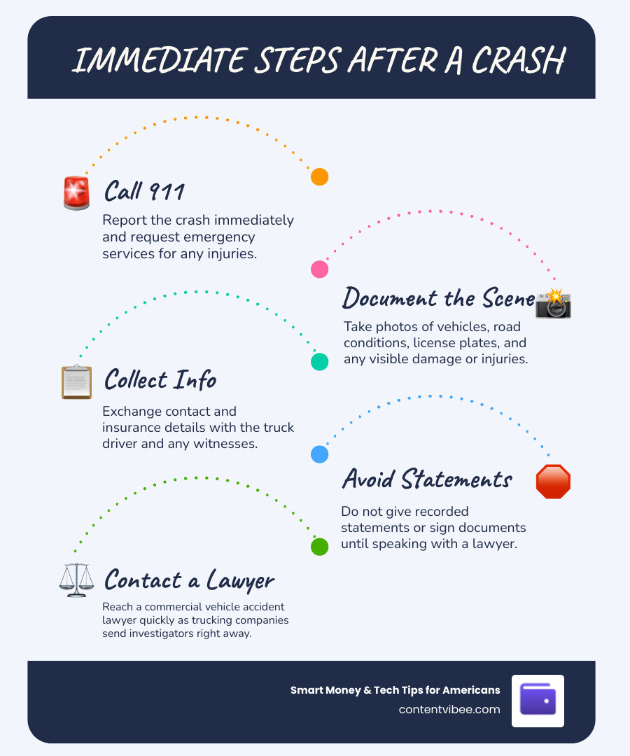 Infographic showing immediate post-accident steps after a commercial vehicle crash infographic