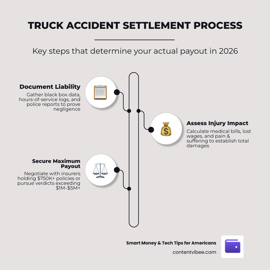 Infographic showing truck accident settlement ranges by injury severity and key factors affecting payout infographic Infographic showing truck accident settlement ranges by injury severity and key factors affecting payout infographic