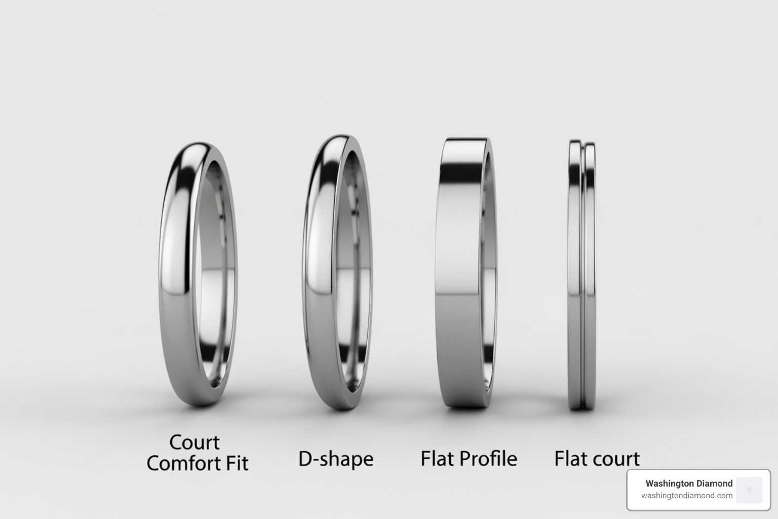 Cross-section diagrams of ring profiles: Court, D-shape, Flat, and Comfort Fit Cross-section diagrams of ring profiles: Court, D-shape, Flat, and Comfort Fit