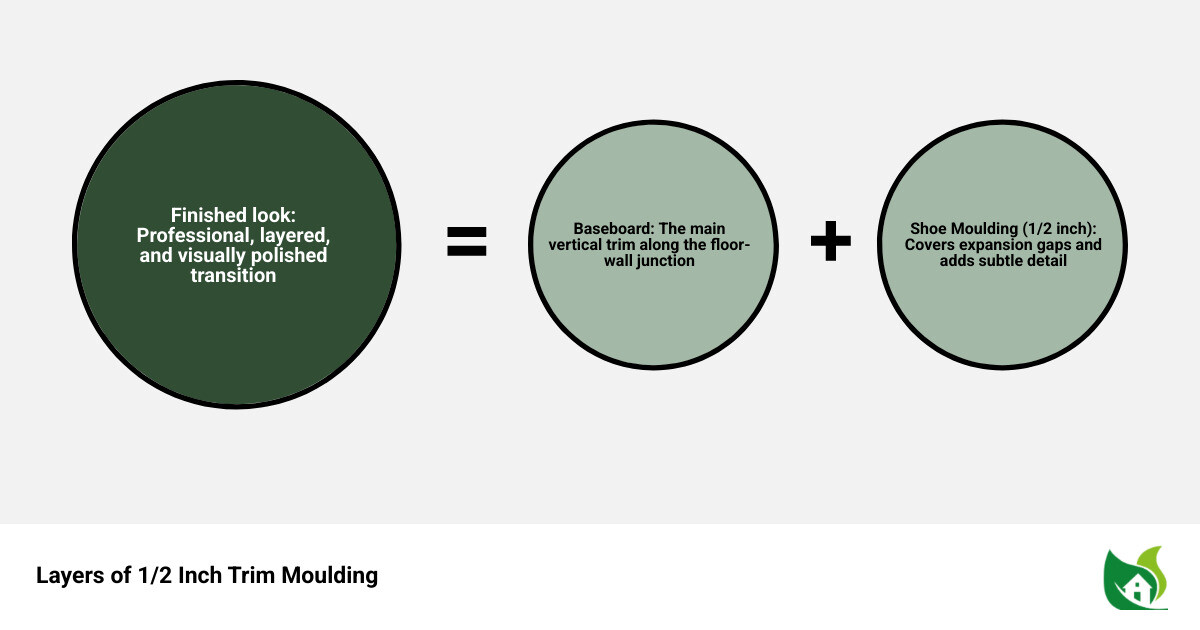 Infographic showing trim layers from baseboard to shoe moulding with 1/2 inch profile options labeled infographic