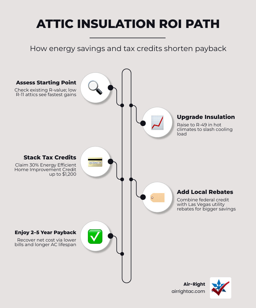 Infographic explaining the path to attic insulation ROI through energy savings and tax credits infographic