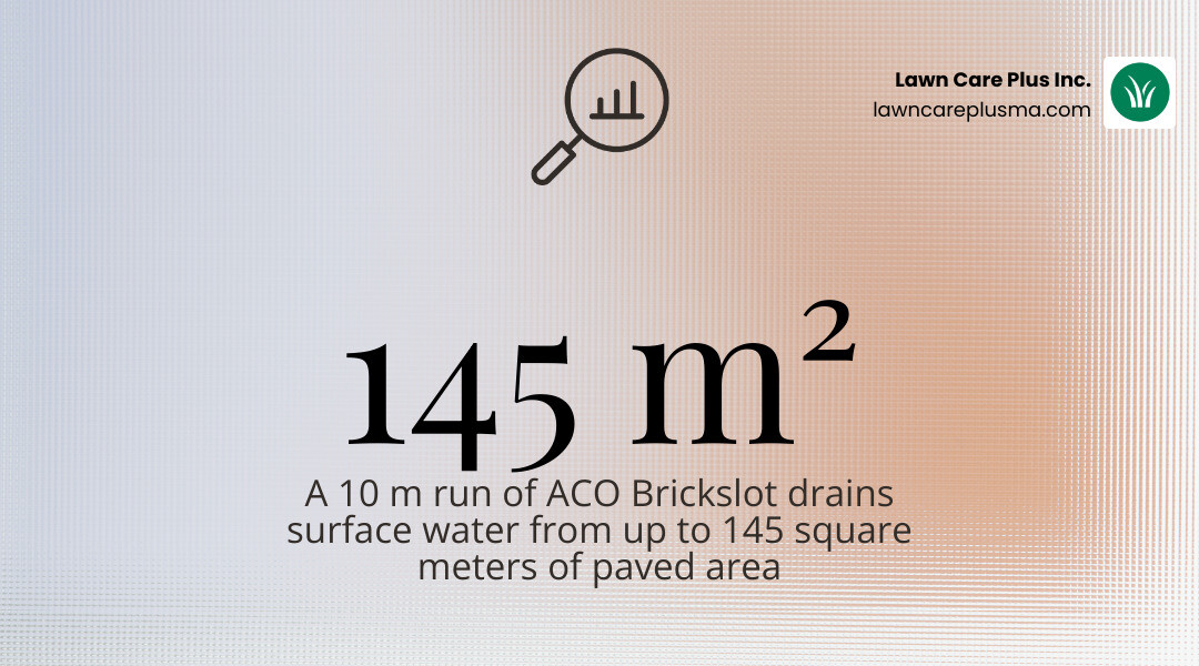 Infographic showing that a 10m run of ACO Brickslot can drain up to 145 square meters of area infographic Infographic showing that a 10m run of ACO Brickslot can drain up to 145 square meters of area infographic