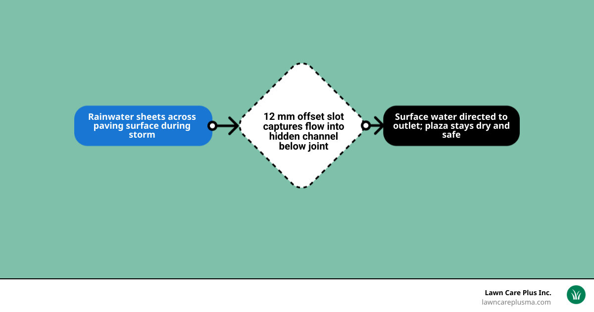 How ACO Brickslot slot drains collect surface runoff through paving joints into a trench channel below infographic How ACO Brickslot slot drains collect surface runoff through paving joints into a trench channel below infographic