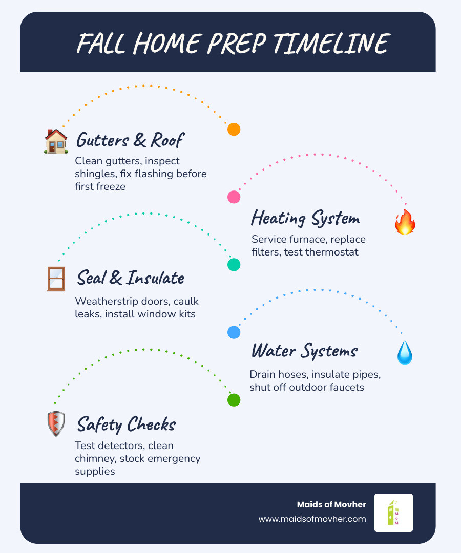 Fall home maintenance checklist infographic showing 10 key steps from gutters to safety checks infographic Fall home maintenance checklist infographic showing 10 key steps from gutters to safety checks infographic