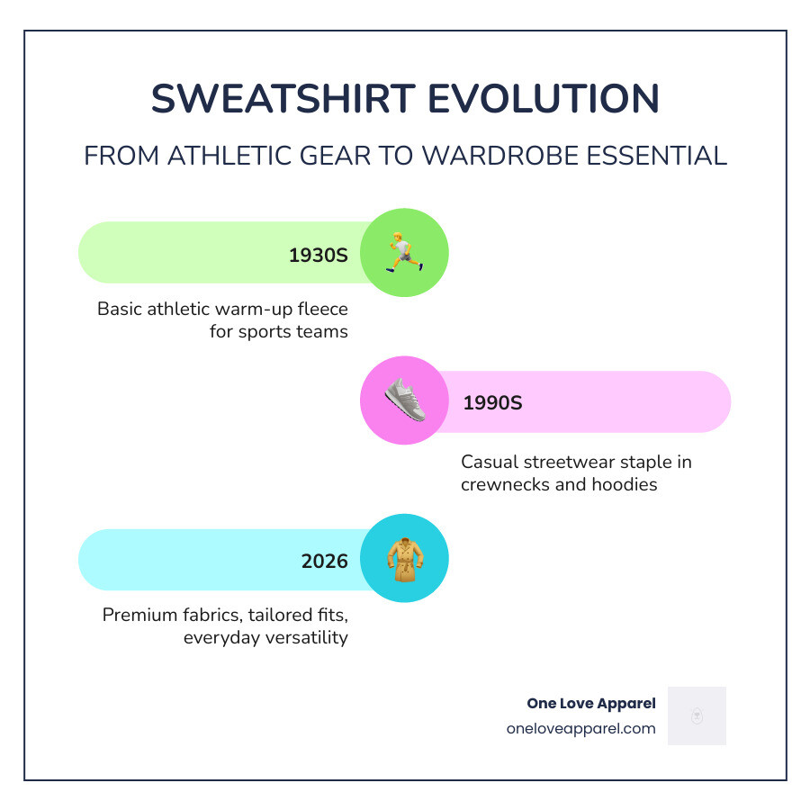 Evolution of men's sweatshirts from 1930s athletic gear to 2026 everyday essentials infographic Evolution of men's sweatshirts from 1930s athletic gear to 2026 everyday essentials infographic