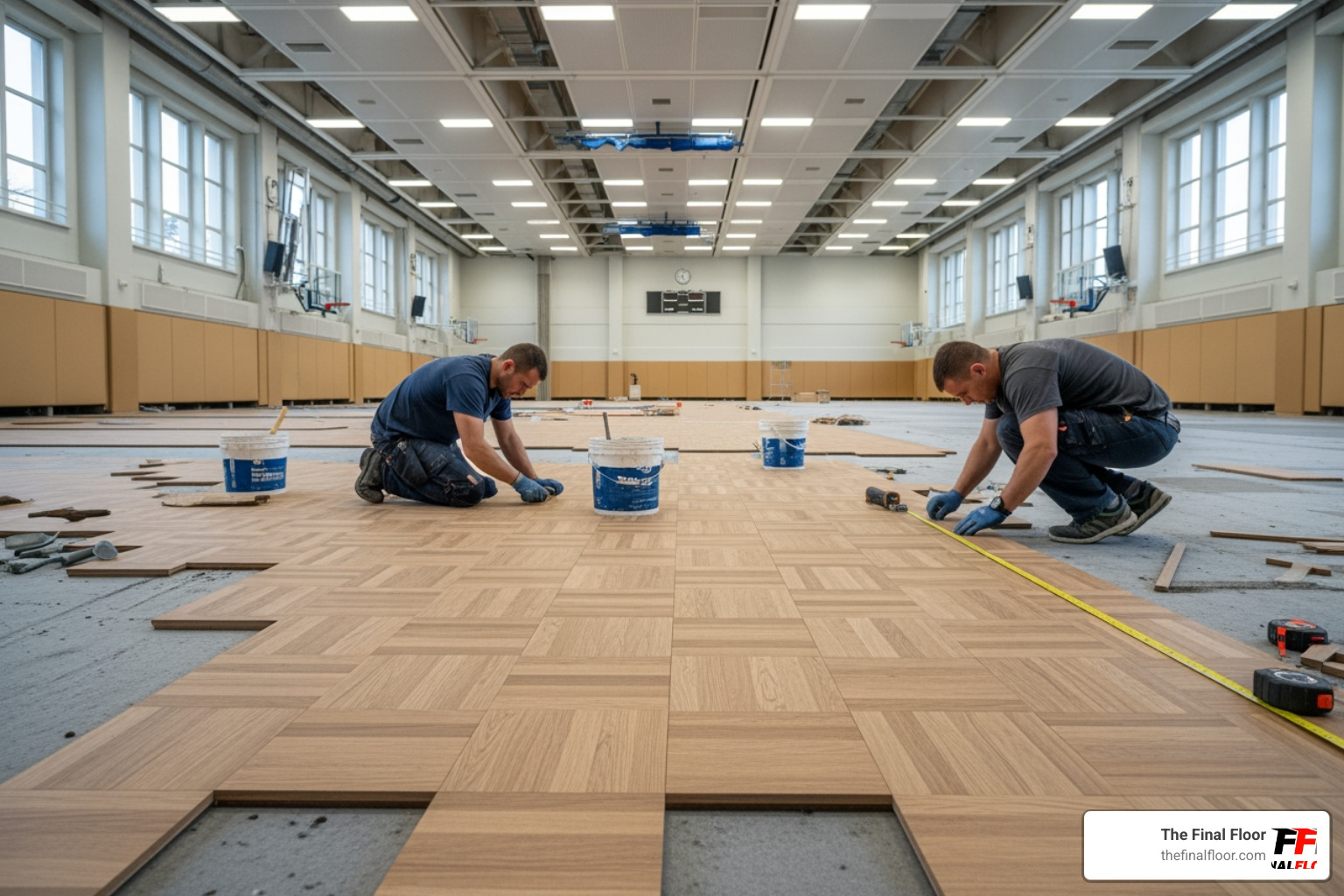 professional glue-down application of parquet in a large university sports hall professional glue-down application of parquet in a large university sports hall