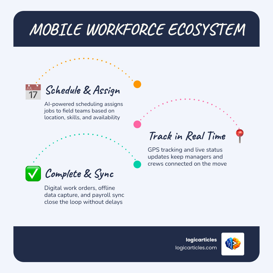 Mobile workforce management ecosystem infographic: scheduling, GPS, offline access, payroll, integrations infographic Mobile workforce management ecosystem infographic: scheduling, GPS, offline access, payroll, integrations infographic