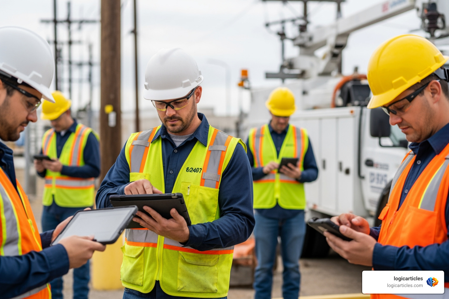 Utility workers managing assets using mobile workforce management software in the field Utility workers managing assets using mobile workforce management software in the field