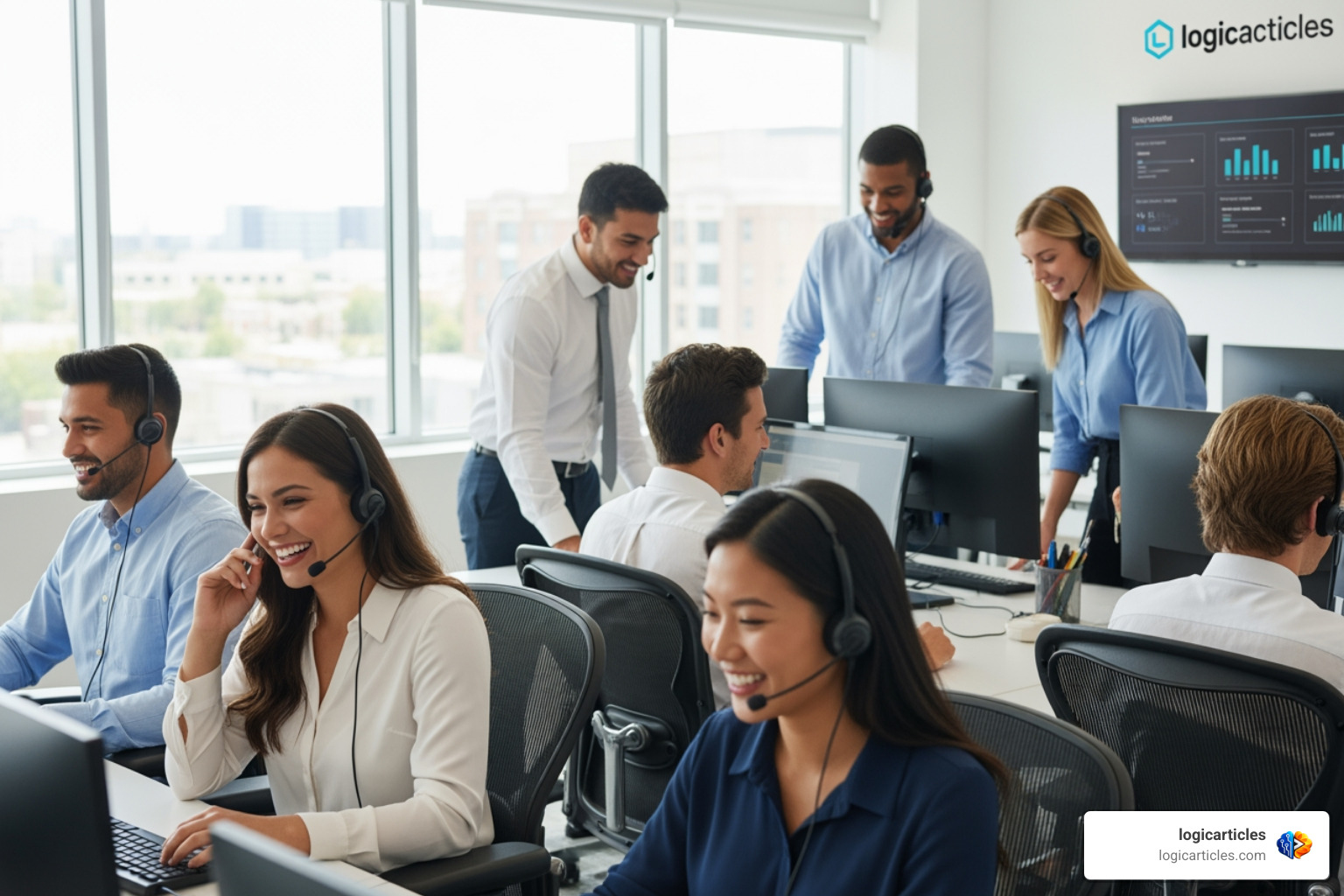Happy call center agents working in a supportive, modern office environment Happy call center agents working in a supportive, modern office environment
