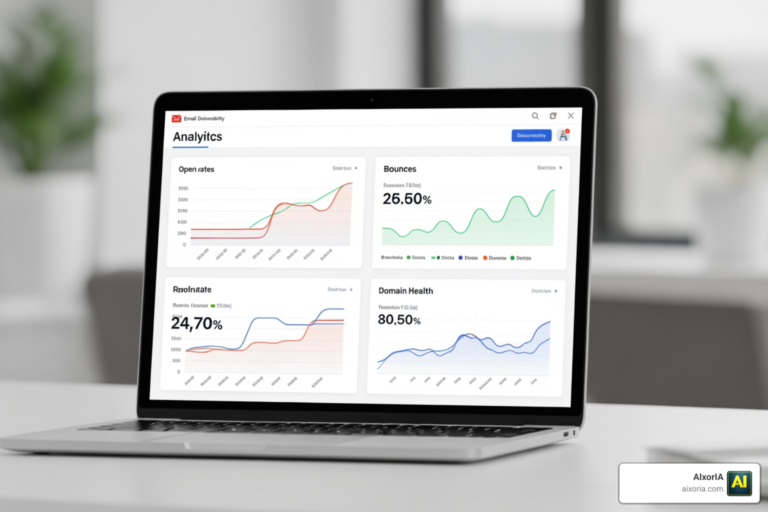Email deliverability metrics dashboard tracking open rates, bounces, and domain health