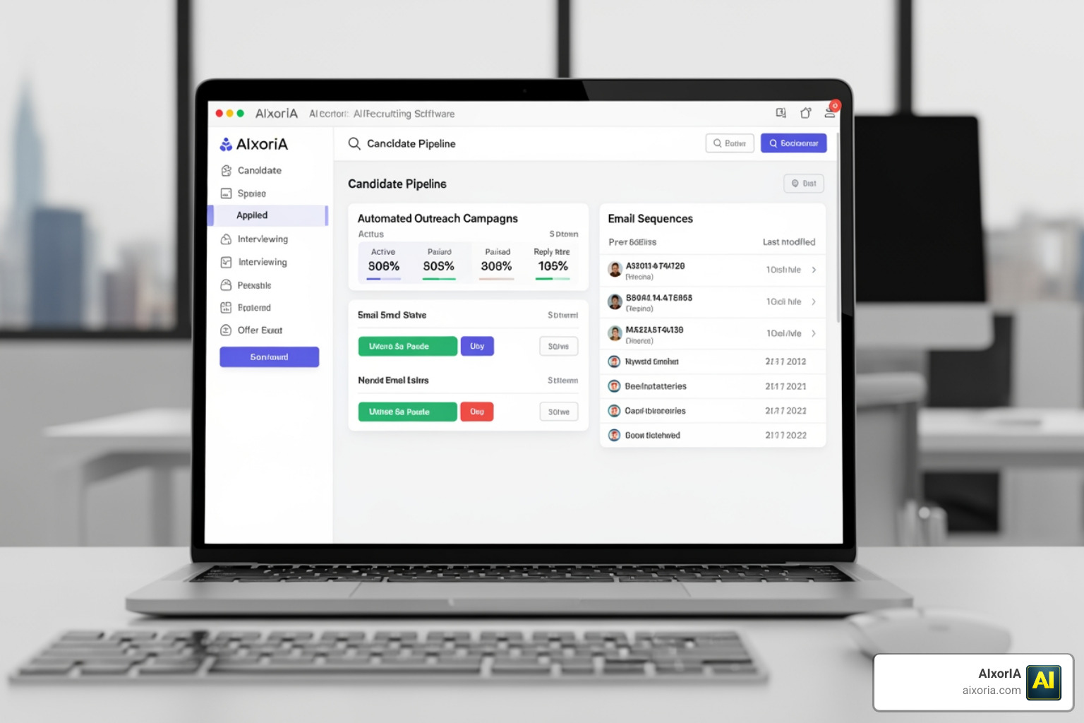 AI recruiting software dashboard showing candidate pipelines and automated outreach campaigns