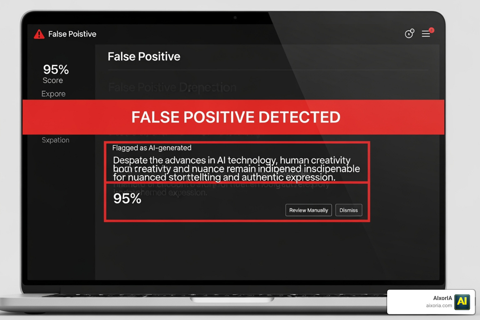 Warning screen displaying a false positive AI detection report