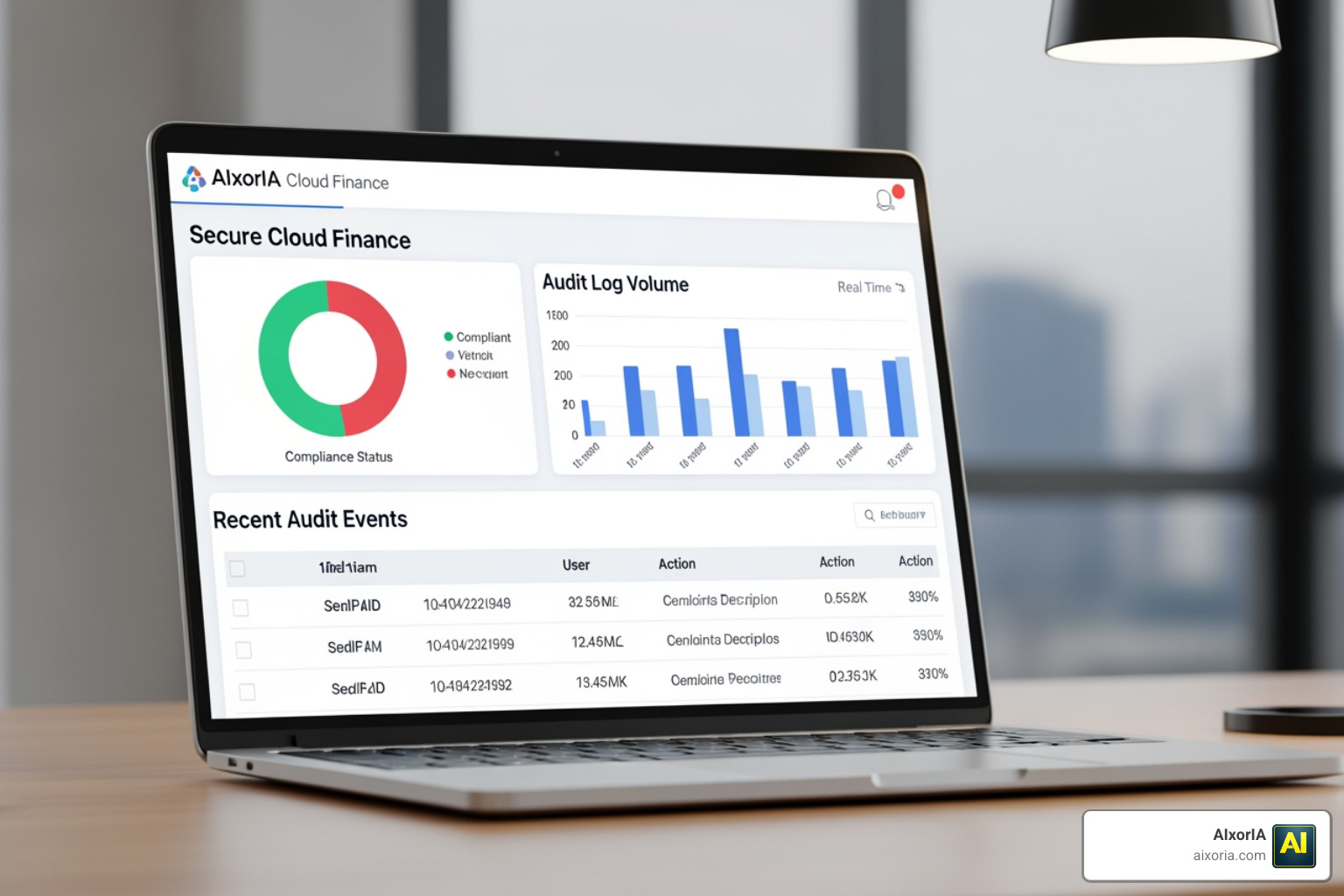 secure cloud finance dashboard showing compliance metrics and real time audit logs