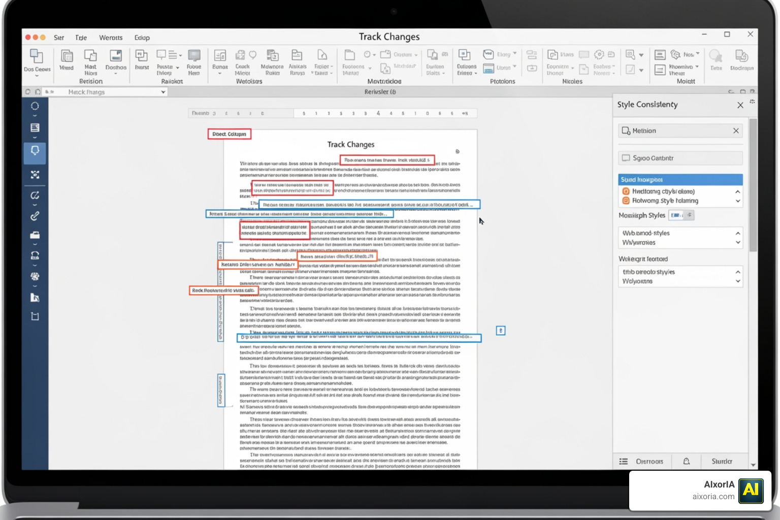 Word Model interface showing Track Changes and style consistency panel