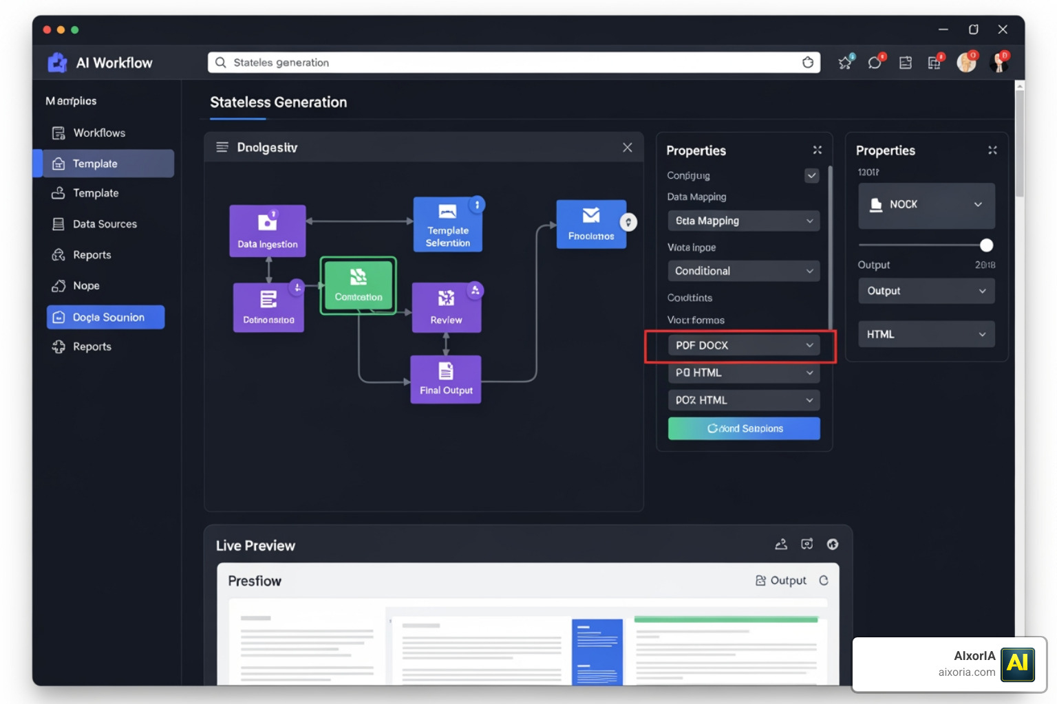 Autohive workflow showing stateless document generation