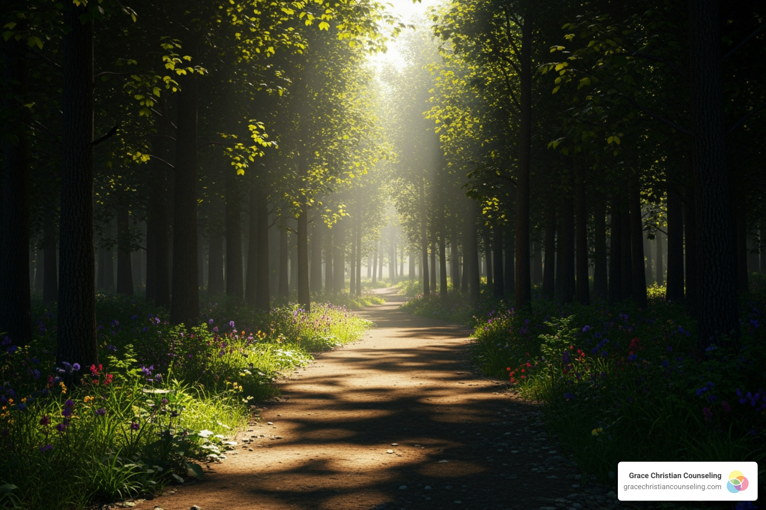 A peaceful path winding through a sunlit forest, representing the journey of trauma recovery