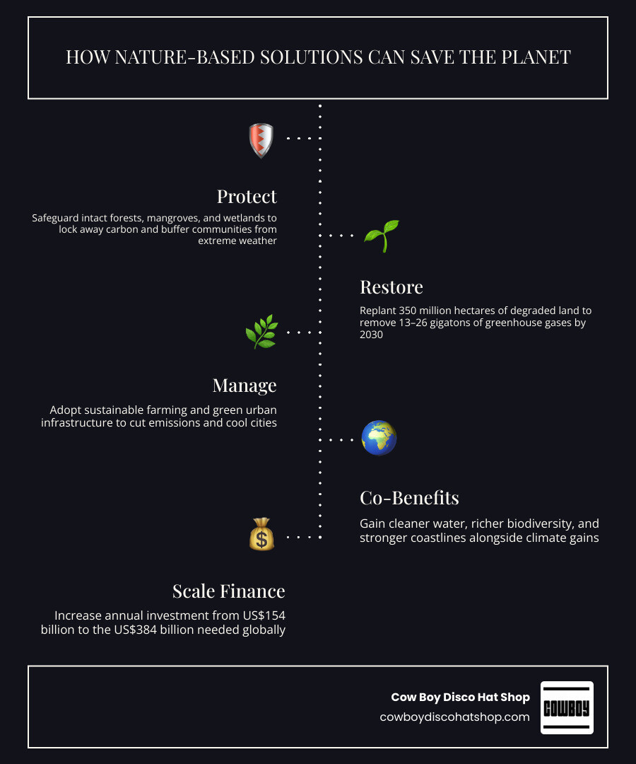 Core pillars of Nature-Based Solutions: protect, restore, manage, and co-benefits overview infographic