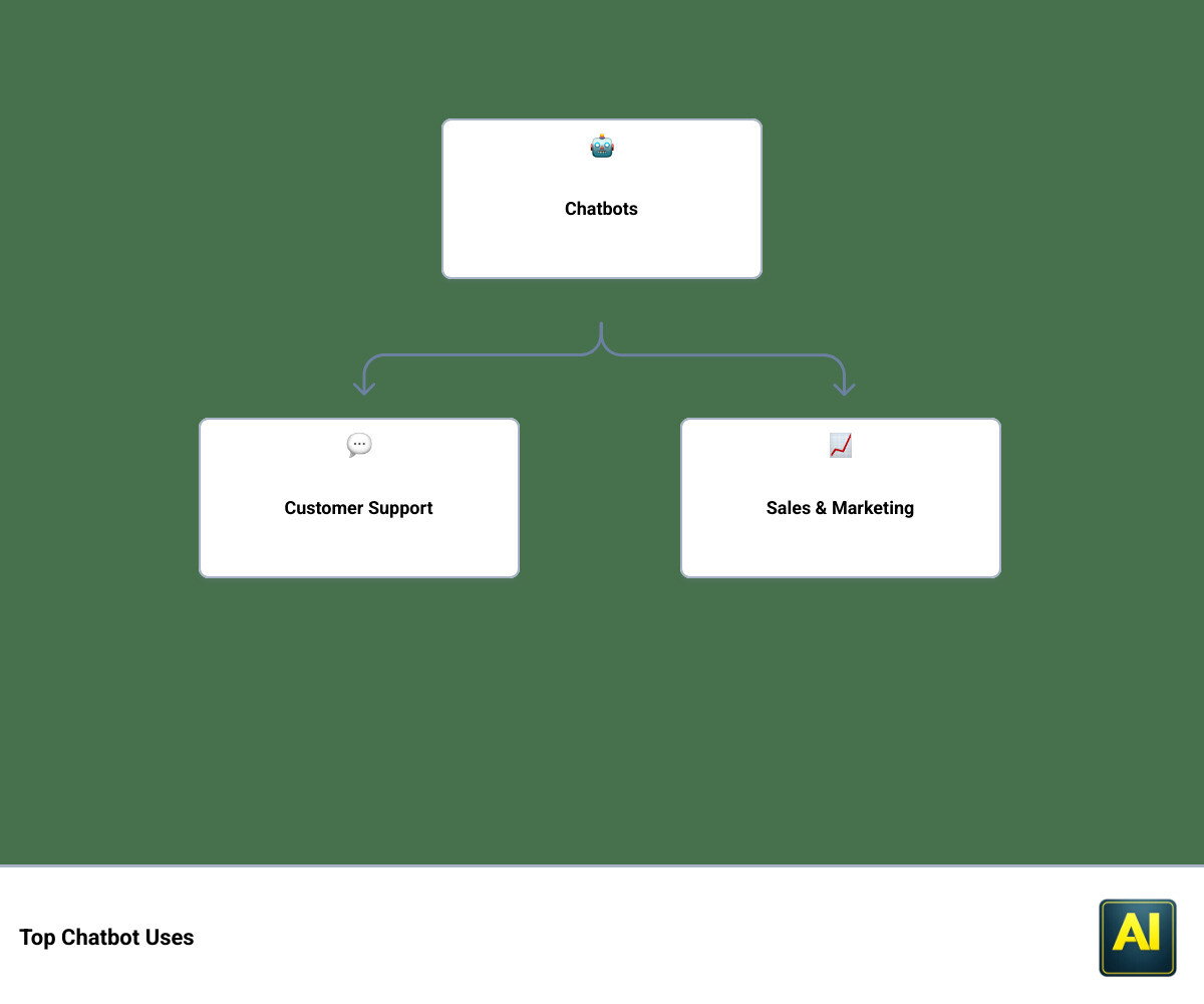Infographic showing chatbot common uses across customer service, sales, HR, and personal assistance infographic