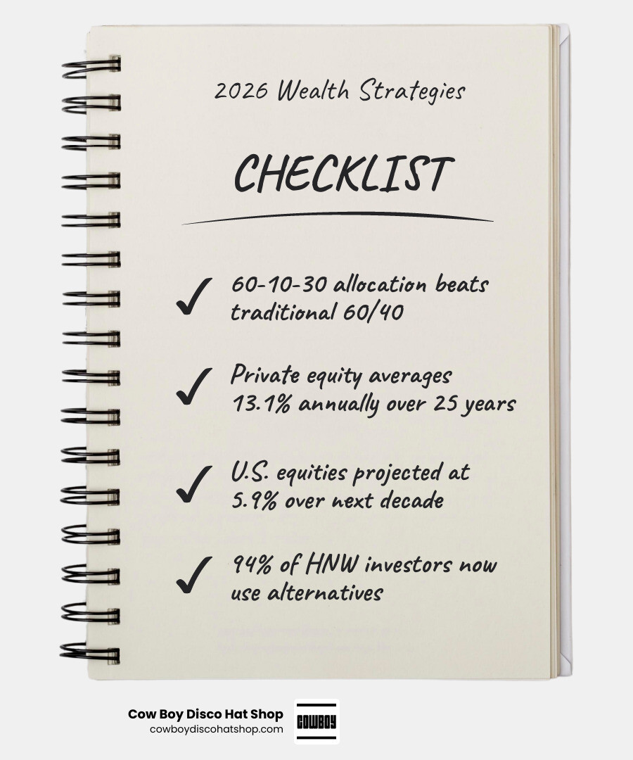 2026 wealth management landscape infographic showing asset allocation, tax strategies, and private market trends infographic