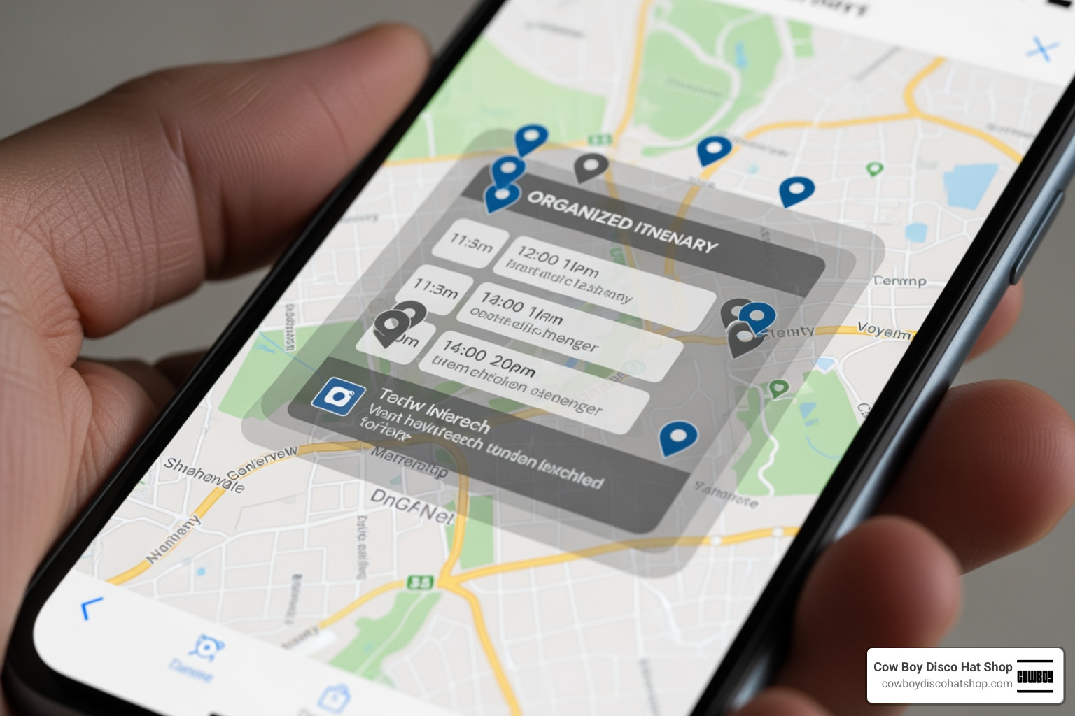 Digital map showing custom travel pins and layers on a smartphone Digital map showing custom travel pins and layers on a smartphone