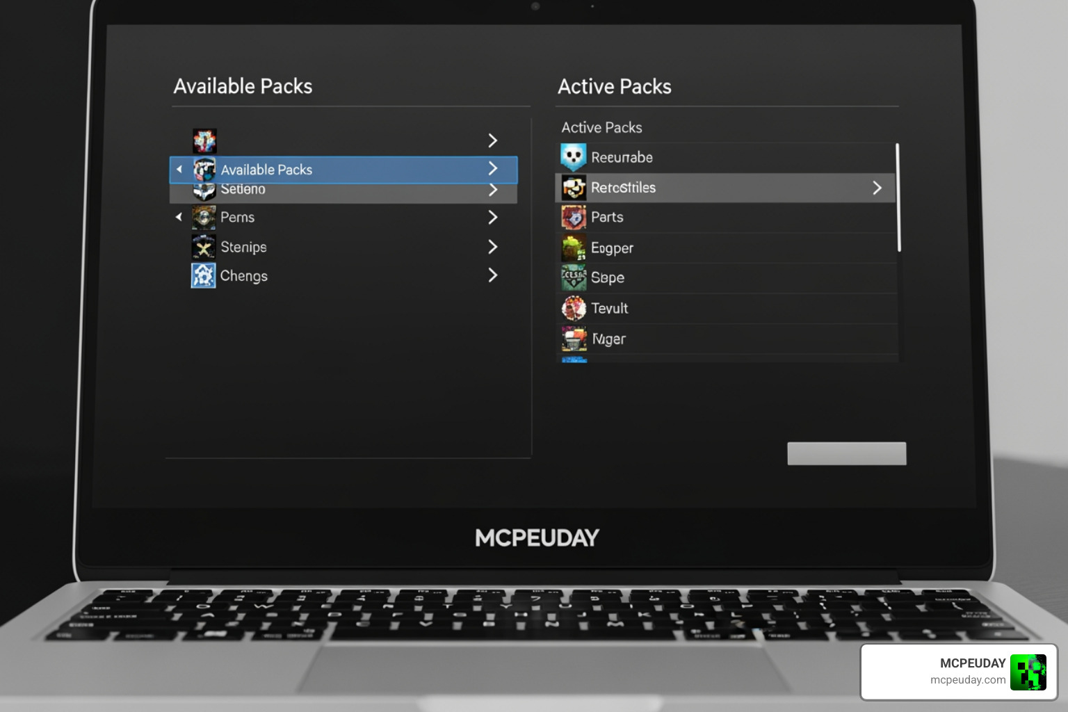 Minecraft settings menu interface showing resource packs activation screen Minecraft settings menu interface showing resource packs activation screen