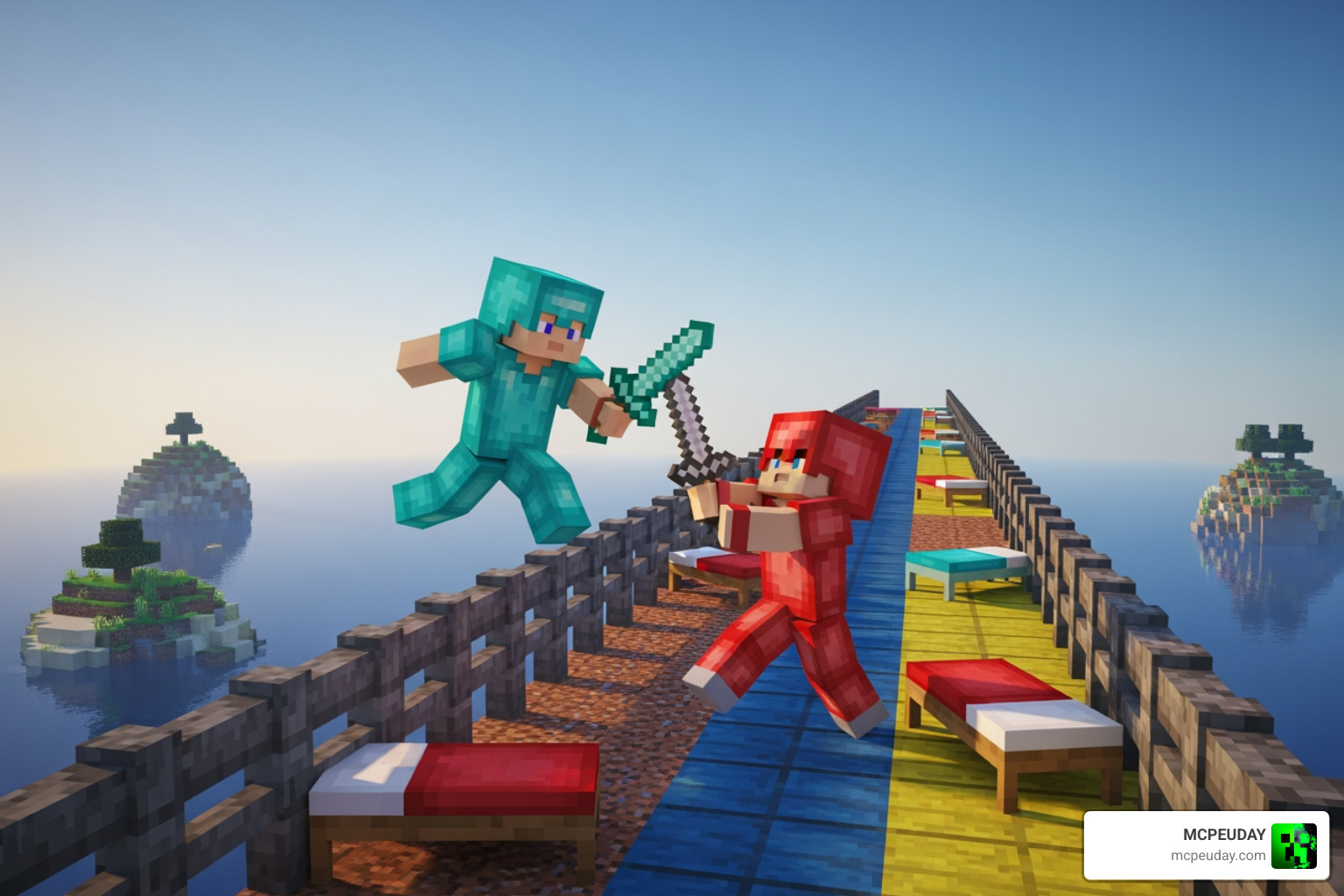 Optimized Minecraft Bedwars PvP combat scene with clean textures and short swords Optimized Minecraft Bedwars PvP combat scene with clean textures and short swords