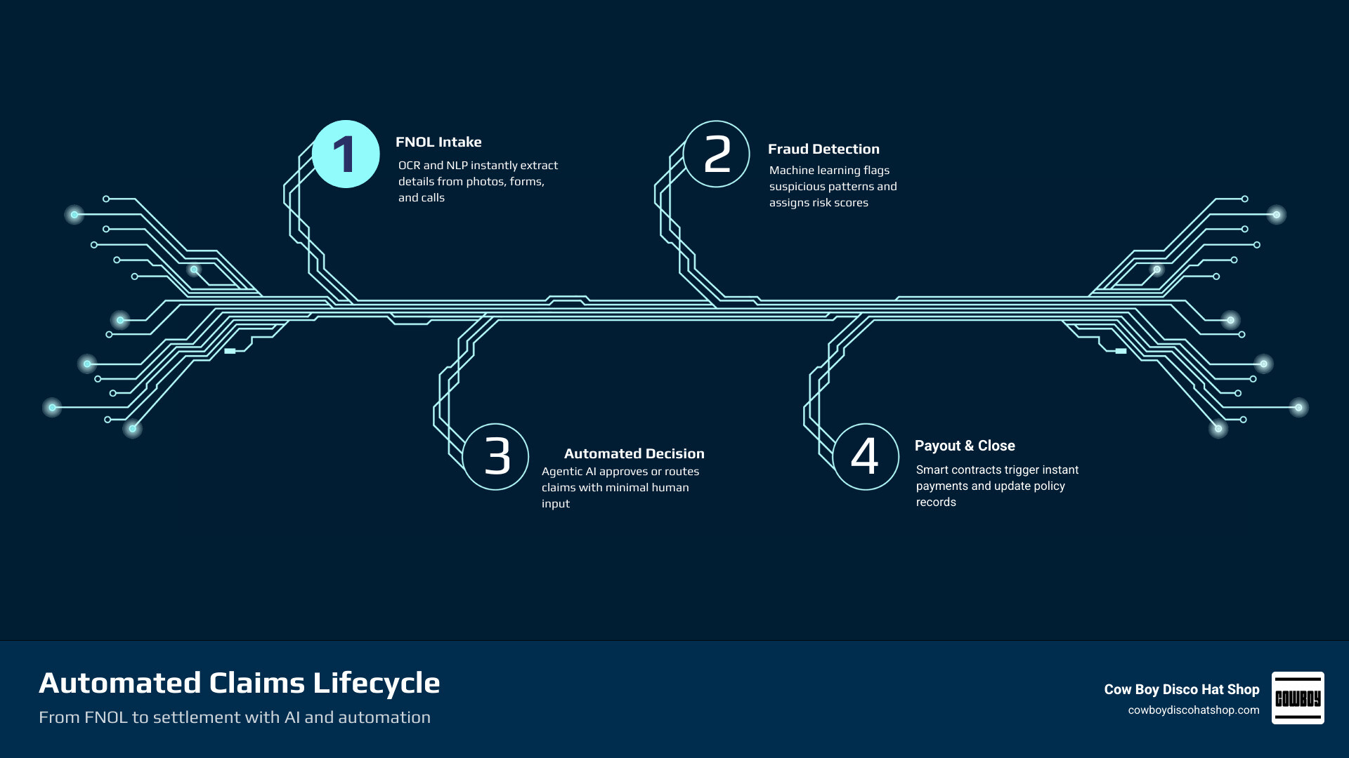 Infographic showing the automated claims lifecycle from FNOL to settlement with key automation stats infographic