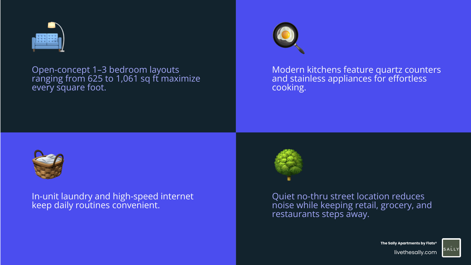 Madison View apartment features overview infographic showing unit types, sizes, amenities, and contact info infographic