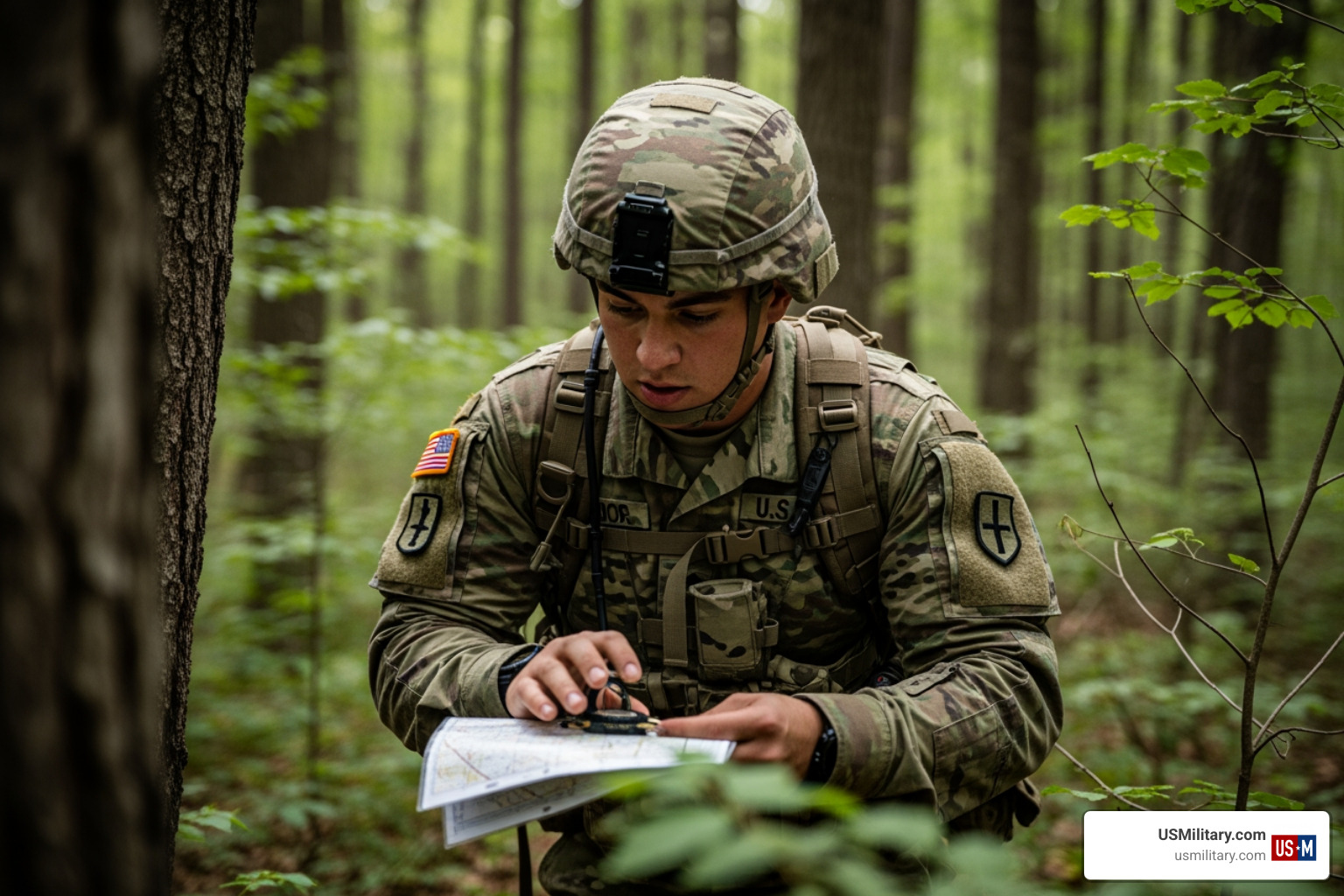 U.S. Army soldier practicing solo land navigation with map and compass