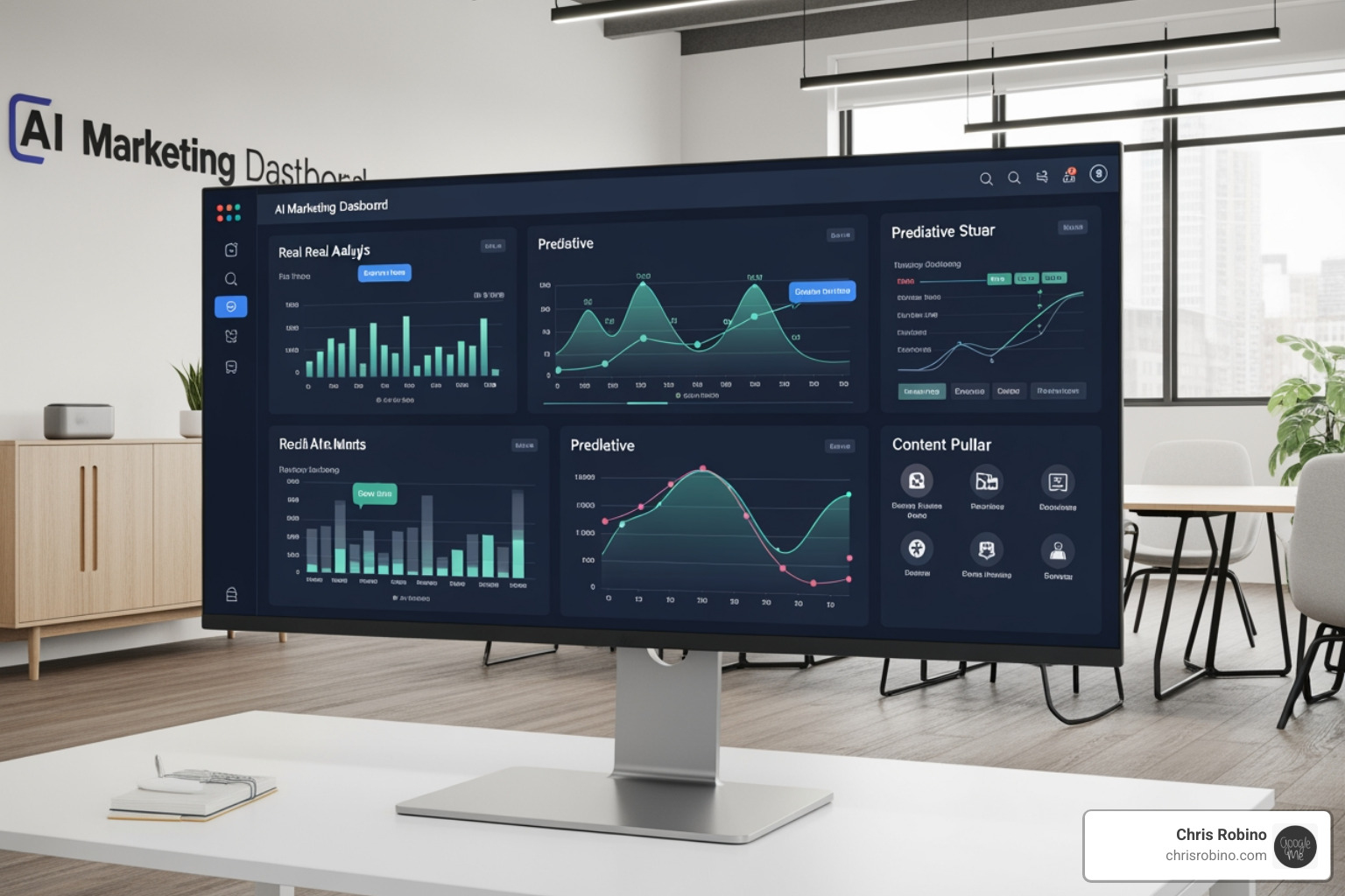 futuristic AI marketing dashboard displaying real-time analytics, predictive trends, and content pillars