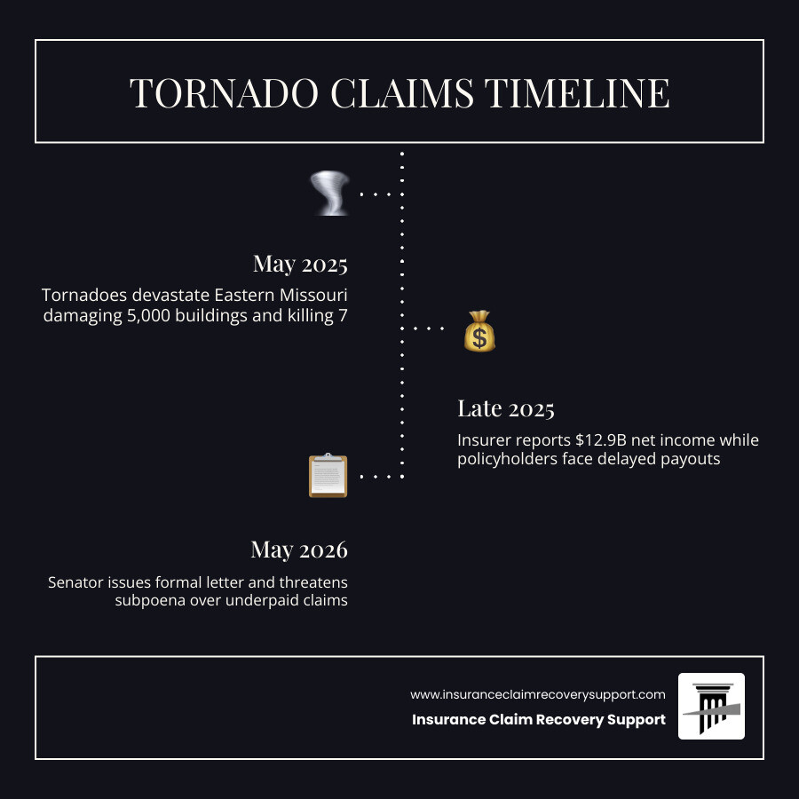 Timeline infographic: Senator Hawley State Farm tornado claims investigation May 2025 to May 2026 infographic Timeline infographic: Senator Hawley State Farm tornado claims investigation May 2025 to May 2026 infographic