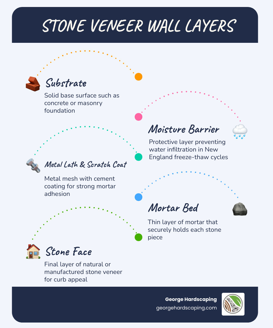 Infographic showing stone veneer wall layers: substrate, moisture barrier, metal lath, scratch coat, mortar bed, and stone